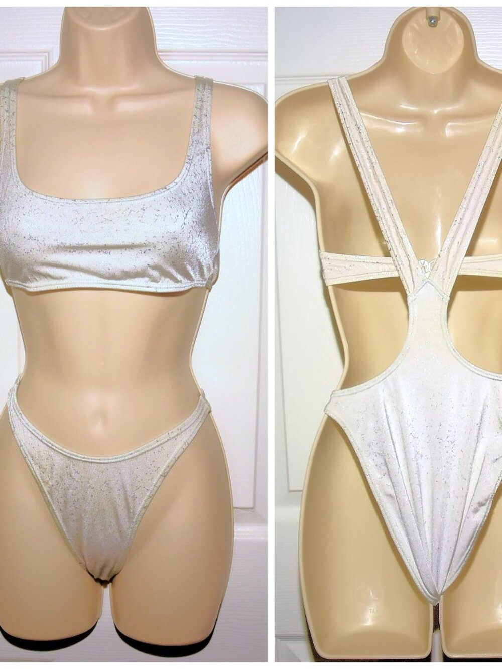 VTG 80's 1-Piece White & Silver Swimsuit XXS from Bare Assets Lined Bikini Look
